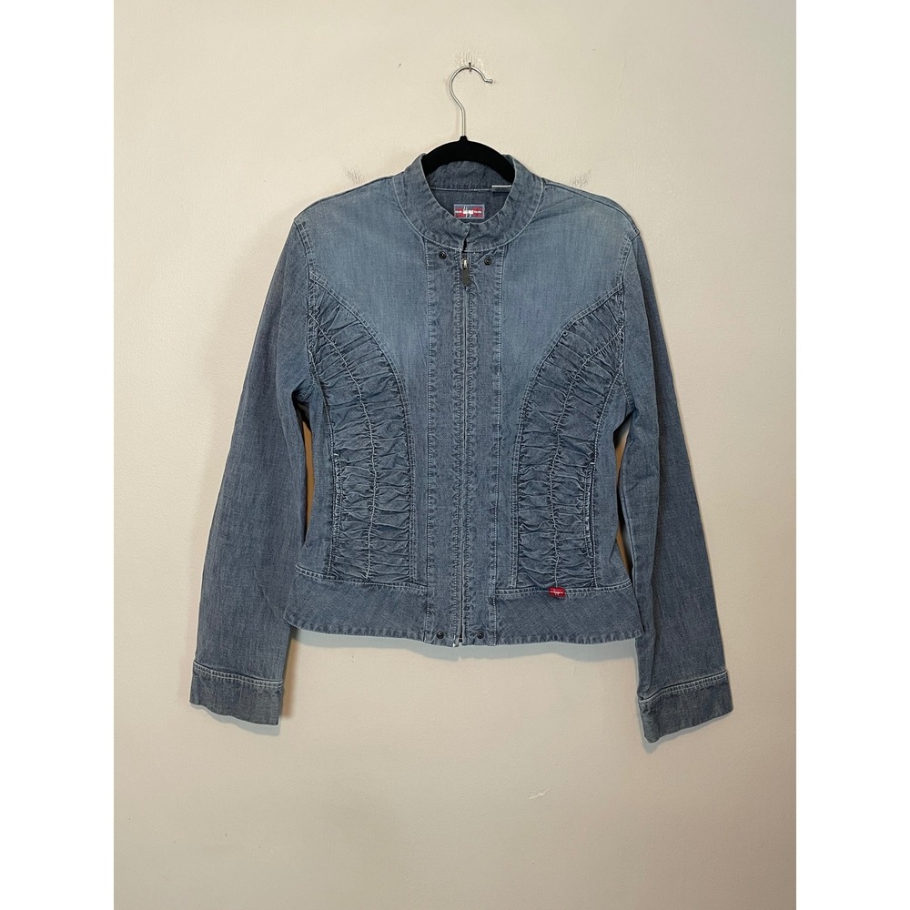 Lady Enyce 90s Streetwear Y2K Ruched Lightweight Denim Jacket Blue XXL Zip Front - Picture 4 of 8